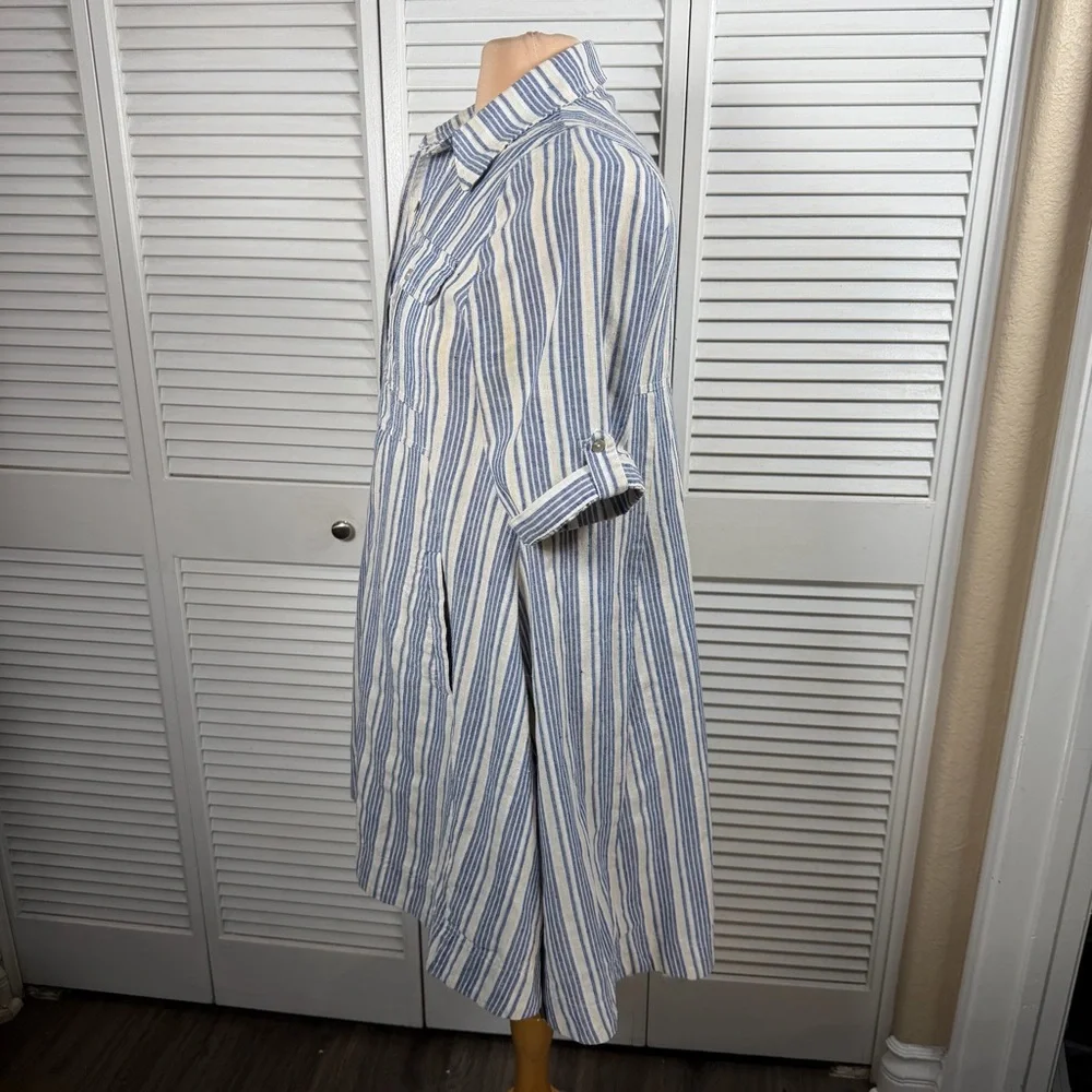 Heroes & Dreamers Striped Linen Blend Shirt Dress | Blue & Cream | Size S